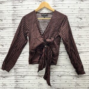 Say What? Women's Large Wrap Around Striped Red Black Cropped Top